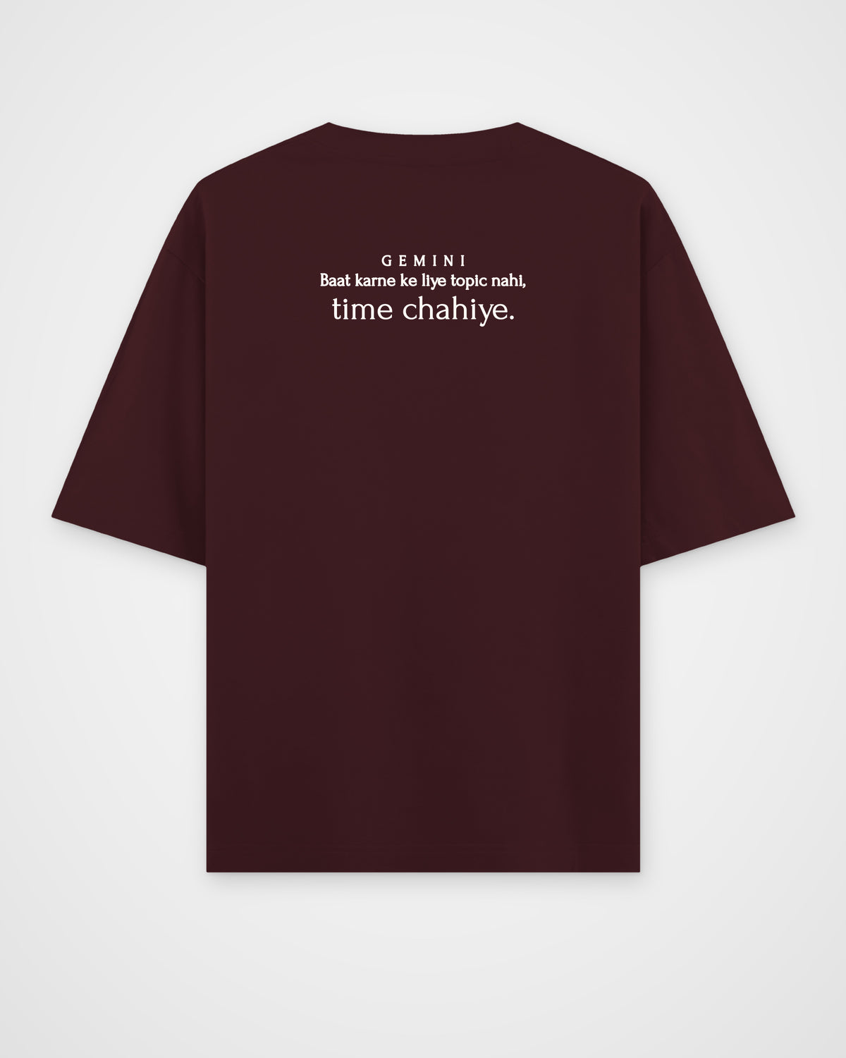 Maroon oversized t-shirt, back view with one large print – digital mockup