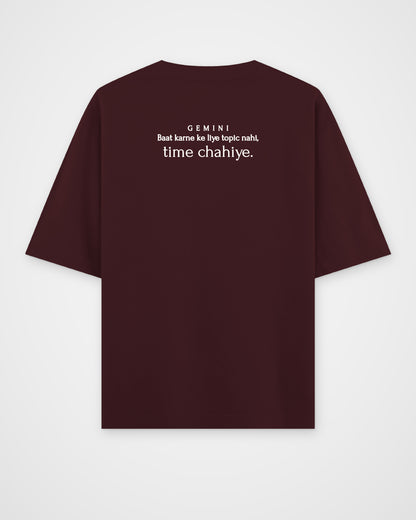 Maroon oversized t-shirt, back view with one large print – digital mockup