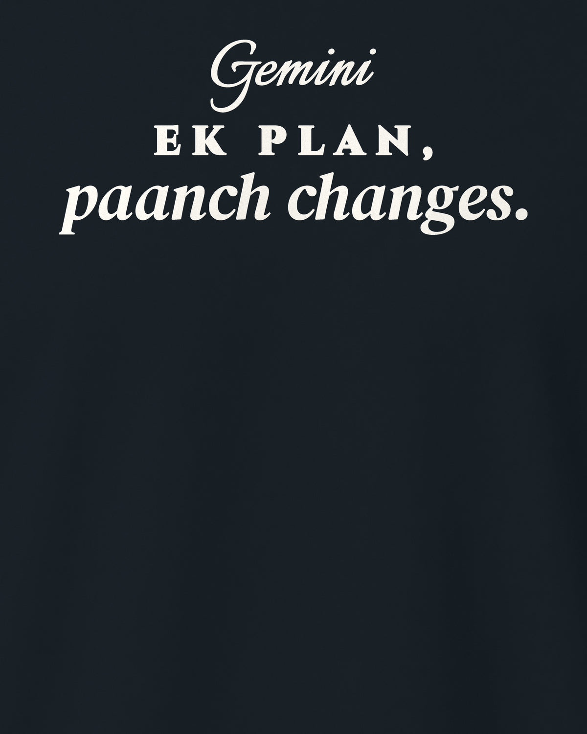 Navy Blue regular fit t-shirt, close-up of the back print reading Ek plan, paanch changes – digital mockup