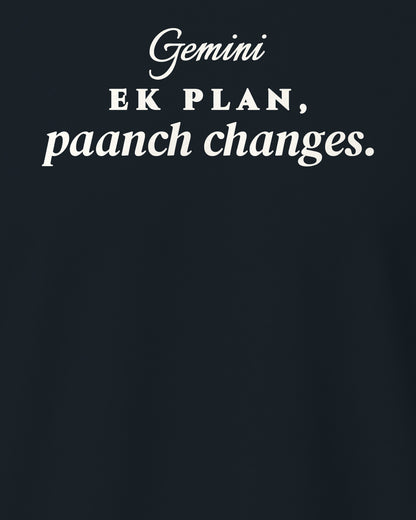 Navy Blue regular fit t-shirt, close-up of the back print reading Ek plan, paanch changes – digital mockup