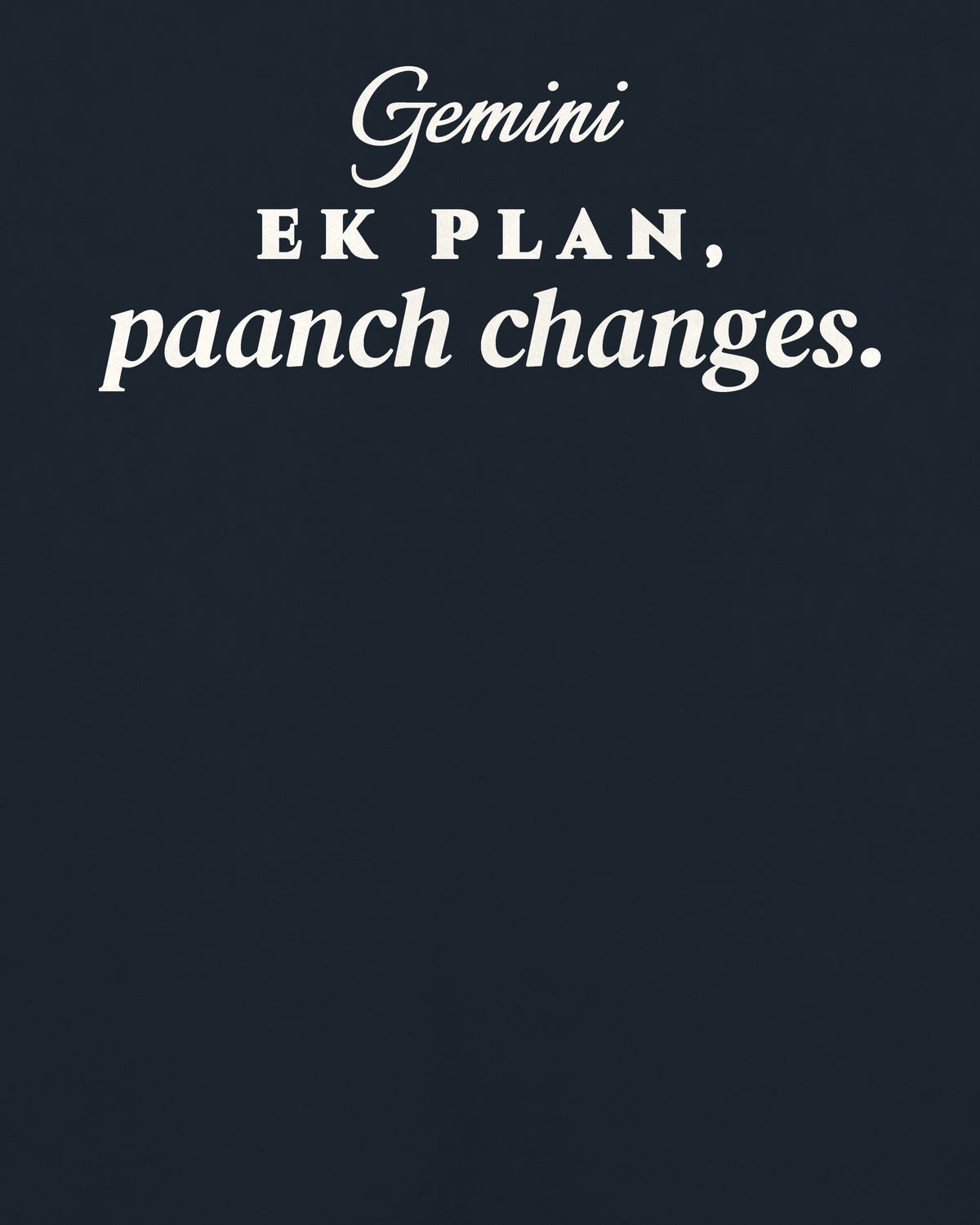 Navy Blue oversized t-shirt, close-up of the back print reading Ek plan, paanch changes – digital mockup