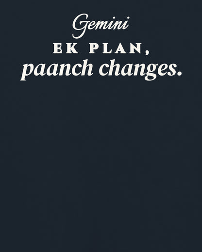 Navy Blue oversized t-shirt, close-up of the back print reading Ek plan, paanch changes – digital mockup