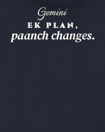 Navy Blue oversized hoodie, close-up of the back print reading Ek plan, paanch changes – digital mockup