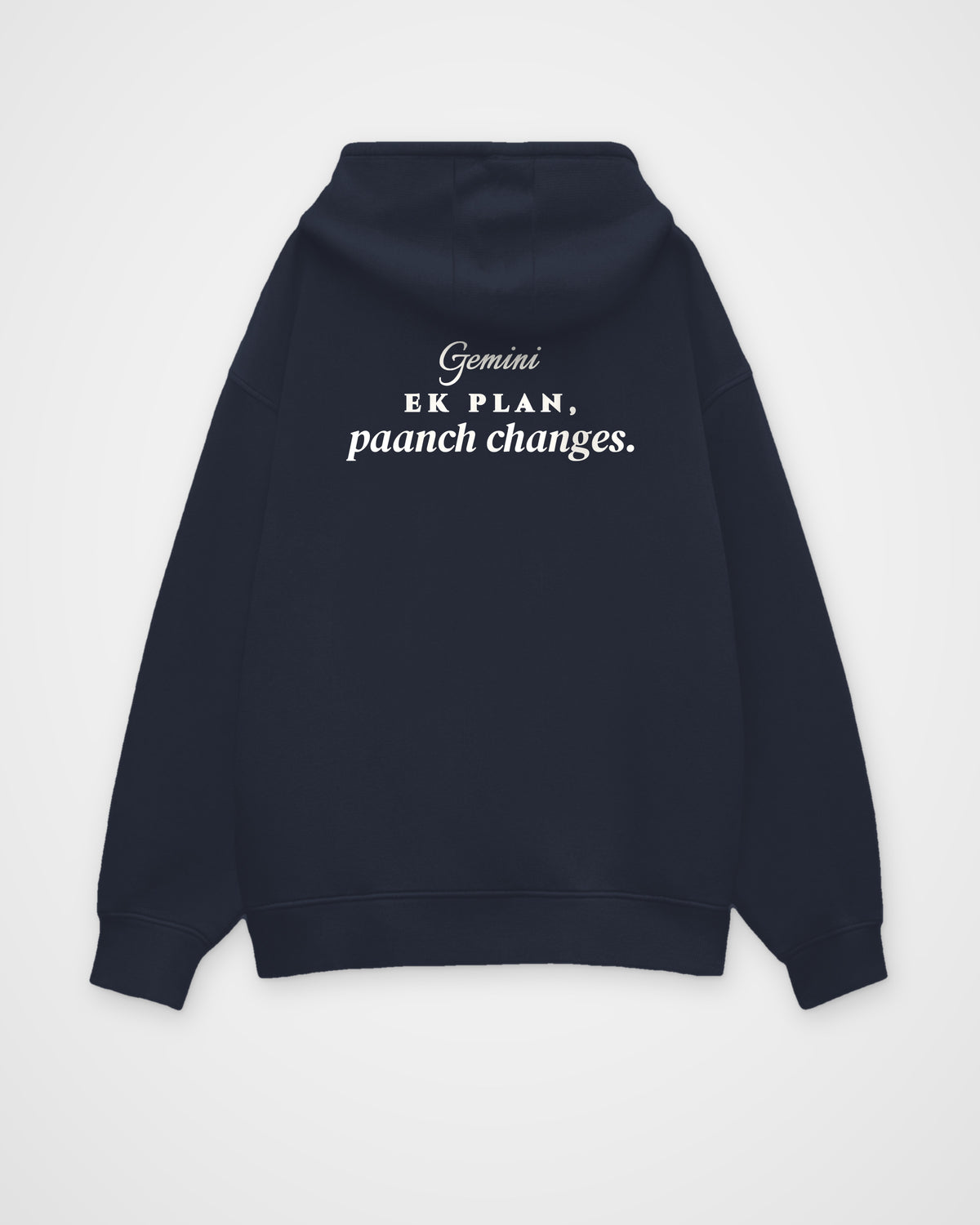 Navy Blue oversized hoodie, back view with one large print – digital mockup