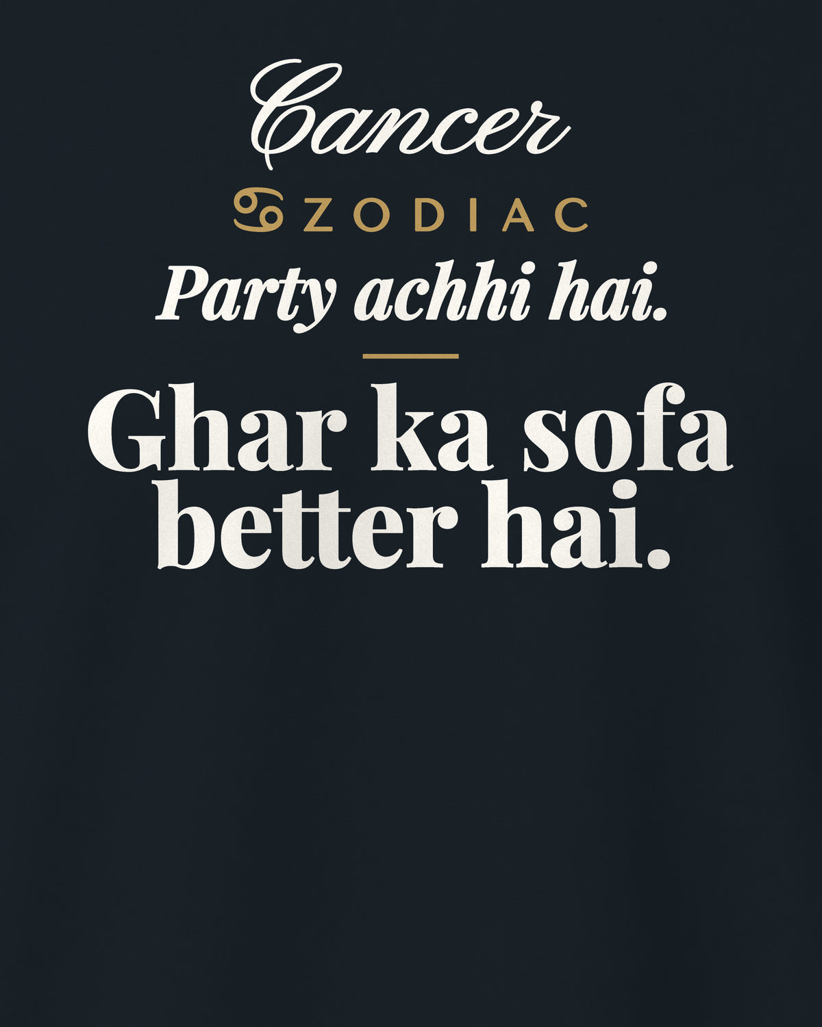 Navy Blue regular fit t-shirt, close-up of the back print reading Party achhi hai. Ghar ka sofa better hai – digital mockup