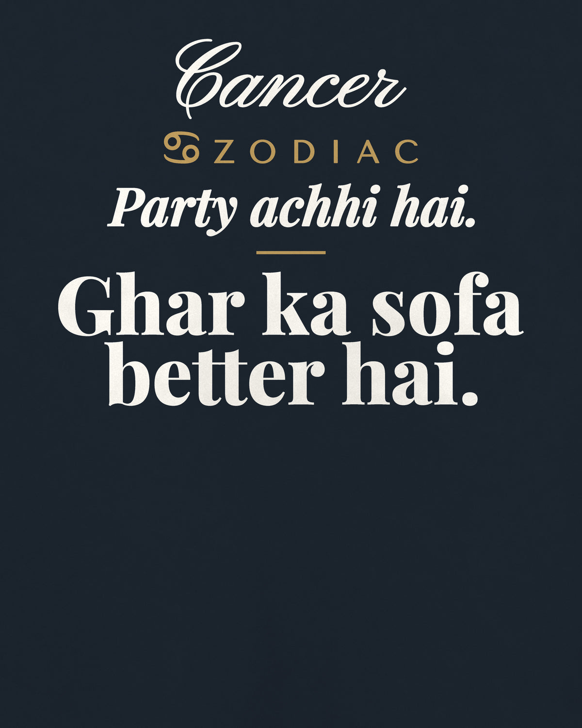 Navy Blue oversized t-shirt, close-up of the back print reading Party achhi hai. Ghar ka sofa better hai – digital mockup