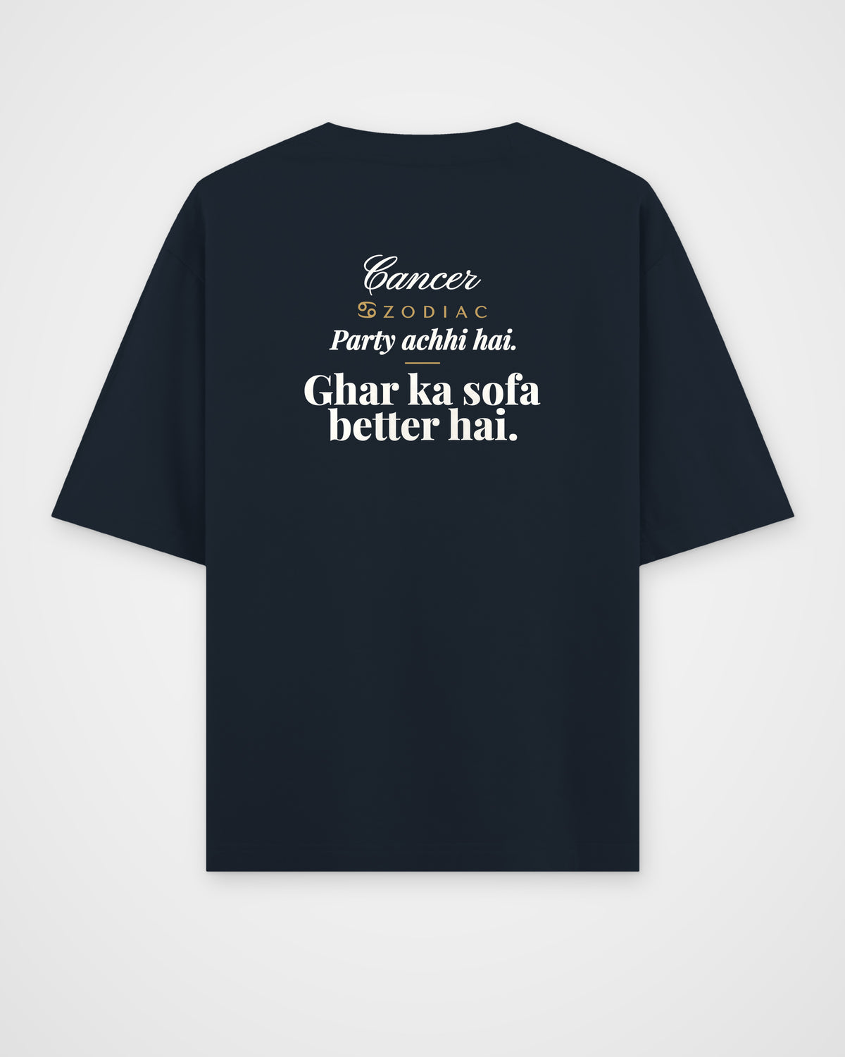 Navy Blue oversized t-shirt, back view with one large print – digital mockup
