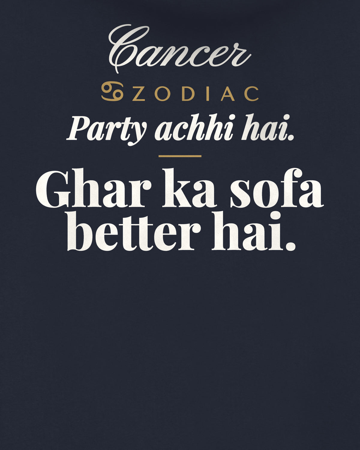 Navy Blue oversized hoodie, close-up of the back print reading Party achhi hai. Ghar ka sofa better hai – digital mockup
