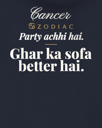 Navy Blue oversized hoodie, close-up of the back print reading Party achhi hai. Ghar ka sofa better hai – digital mockup