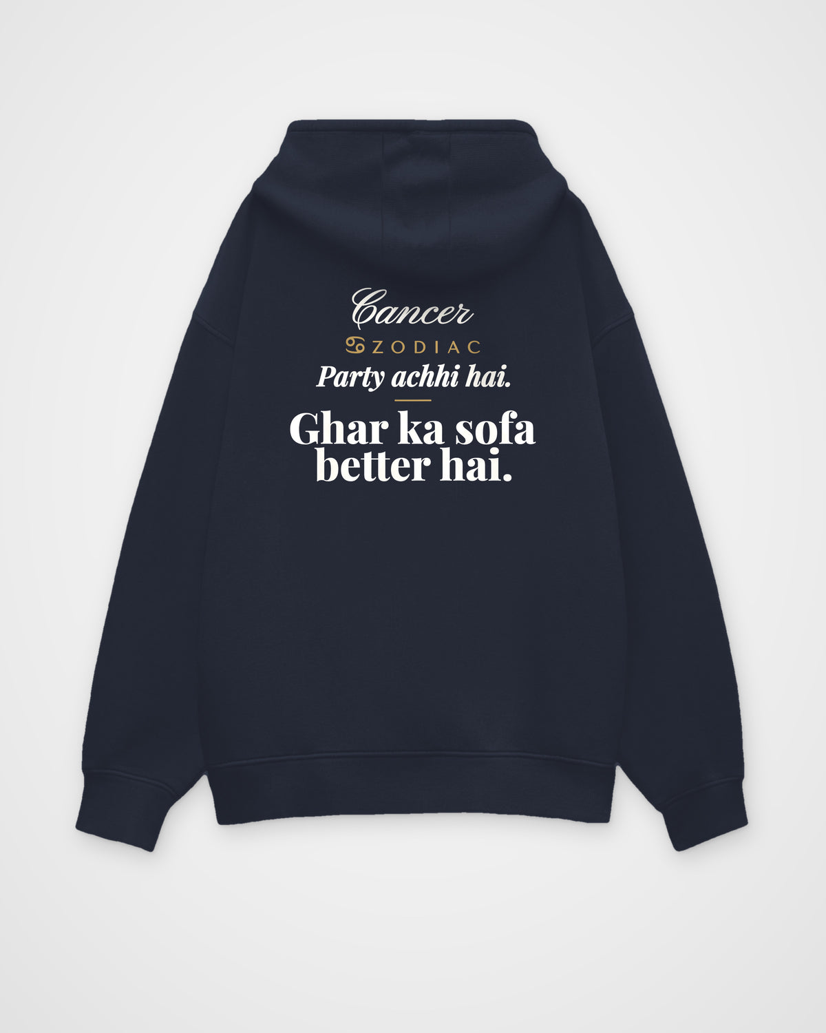 Navy Blue oversized hoodie, back view with one large print – digital mockup