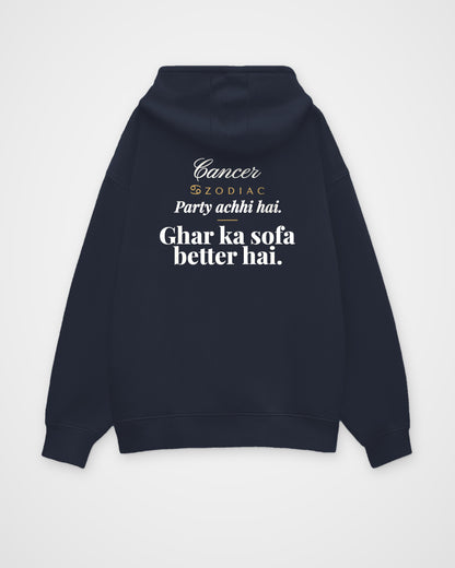 Navy Blue oversized hoodie, back view with one large print – digital mockup