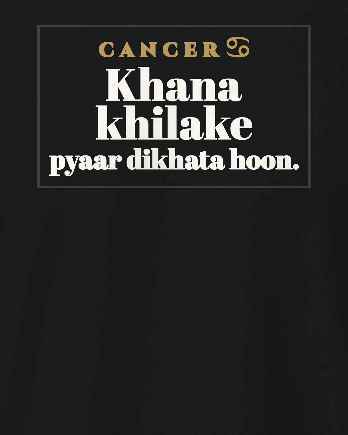 Black regular fit t-shirt, close-up of the back print reading Khana khilake pyaar dikhata hoon – digital mockup