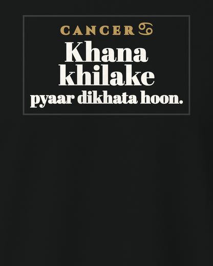 Black regular fit t-shirt, close-up of the back print reading Khana khilake pyaar dikhata hoon – digital mockup