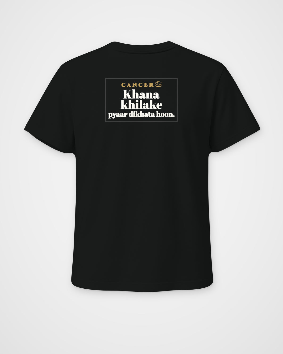 Black regular fit t-shirt, back view with one large print – digital mockup