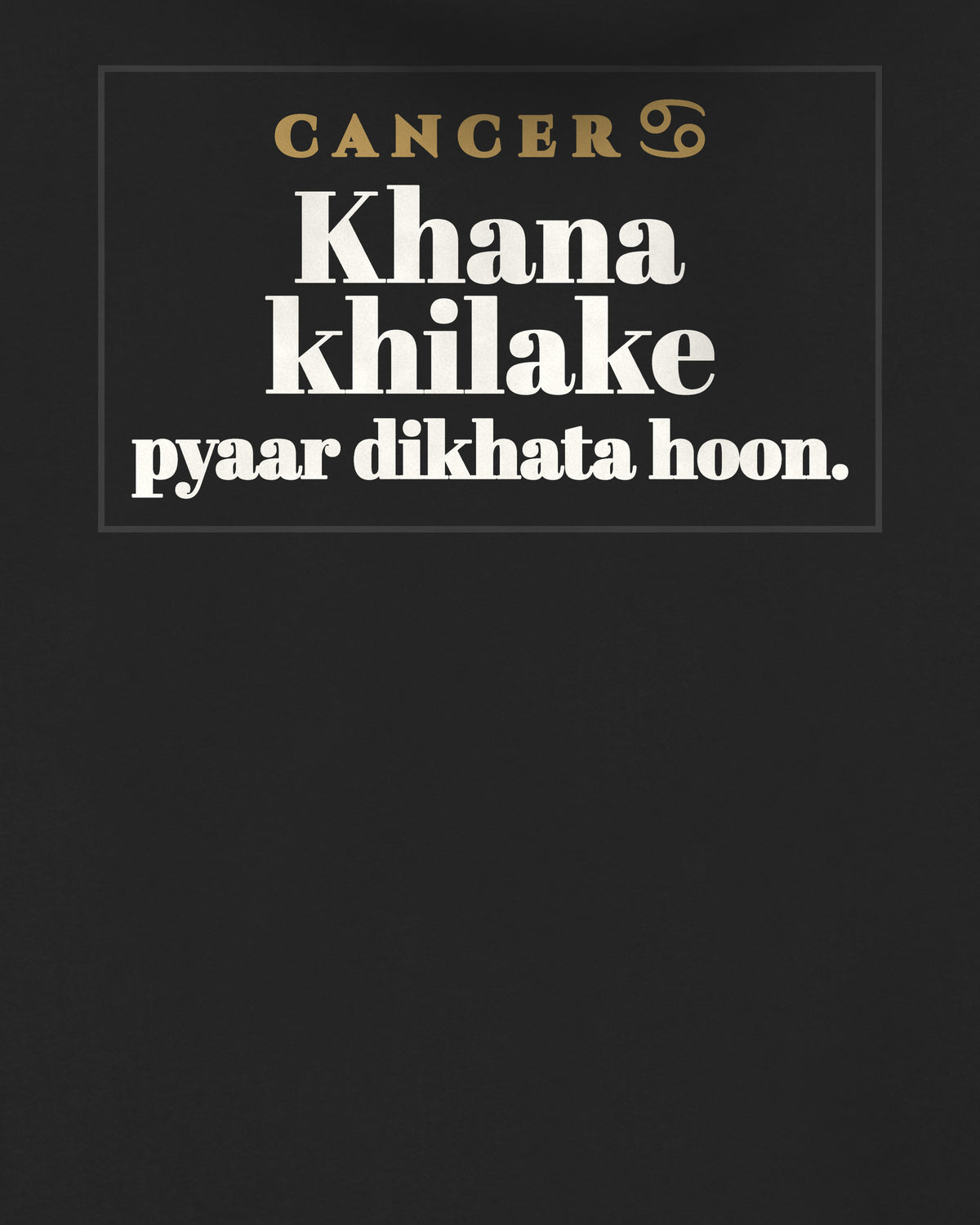 Black oversized hoodie, close-up of the back print reading Khana khilake pyaar dikhata hoon – digital mockup