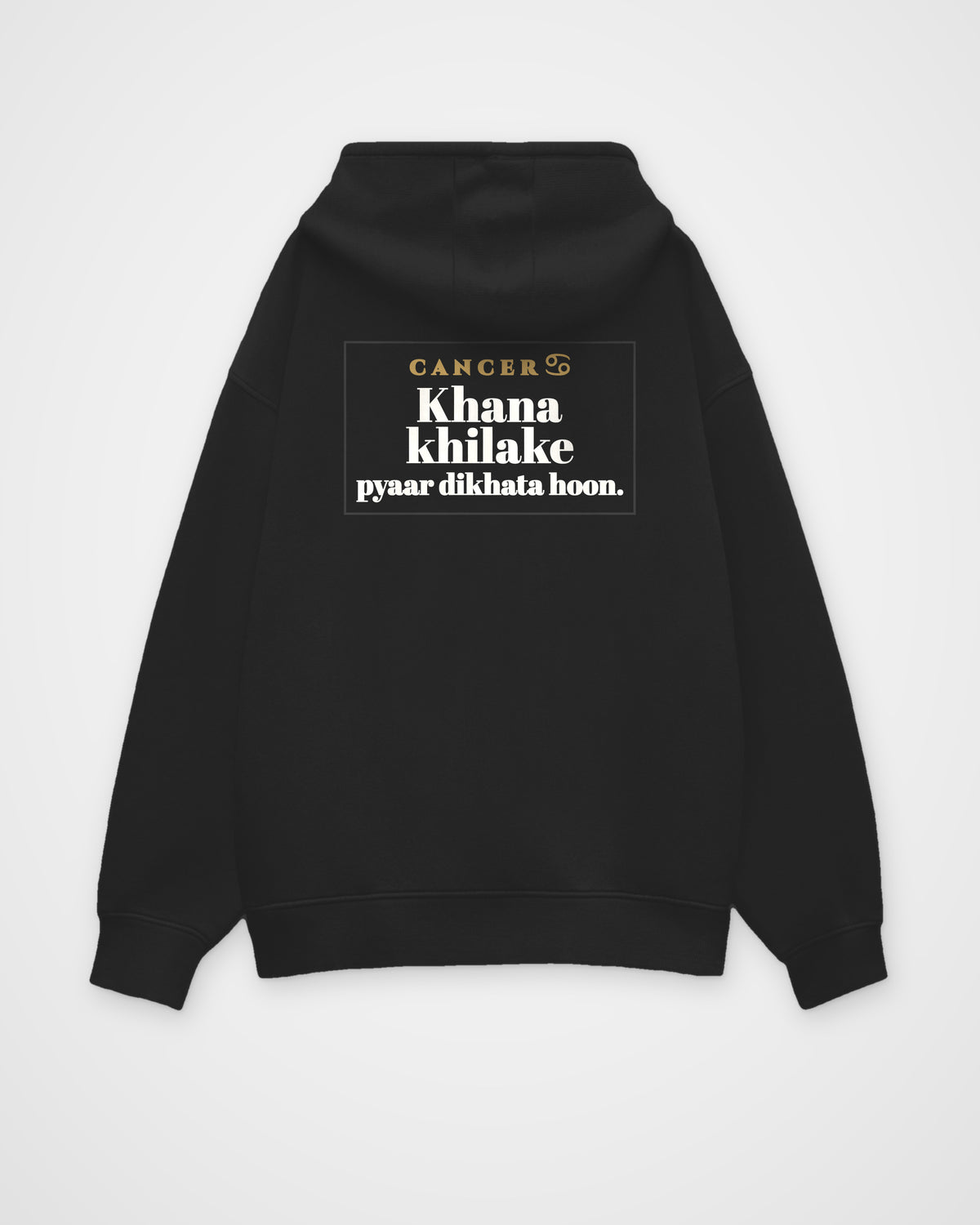 Black oversized hoodie, back view with one large print – digital mockup