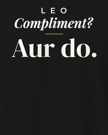 Black regular fit t-shirt, close-up of the back print reading Compliment? Aur do – digital mockup