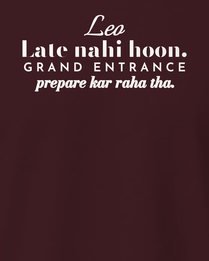 Maroon regular fit t-shirt, close-up of the back print reading Late nahi hoon, the Leo grand entrance line – digital mockup