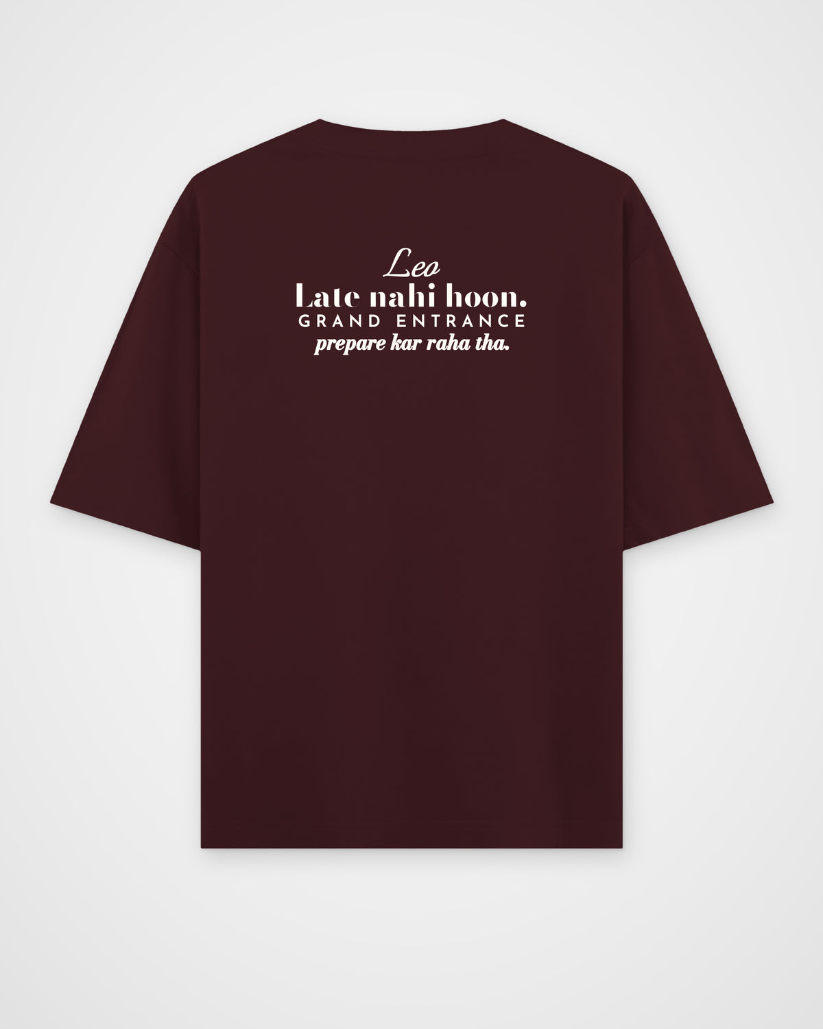 Maroon oversized t-shirt, back view with one large print – digital mockup