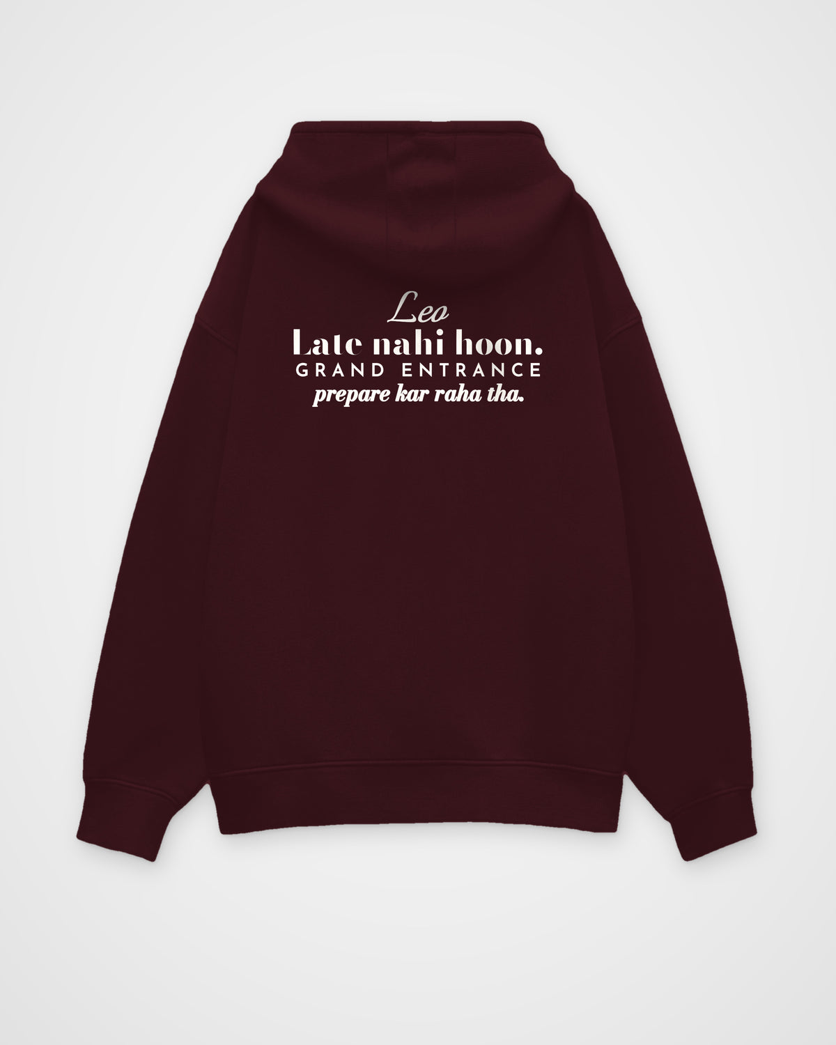 Maroon oversized hoodie, back view with one large print – digital mockup