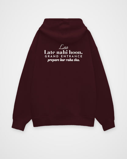 Maroon oversized hoodie, back view with one large print – digital mockup