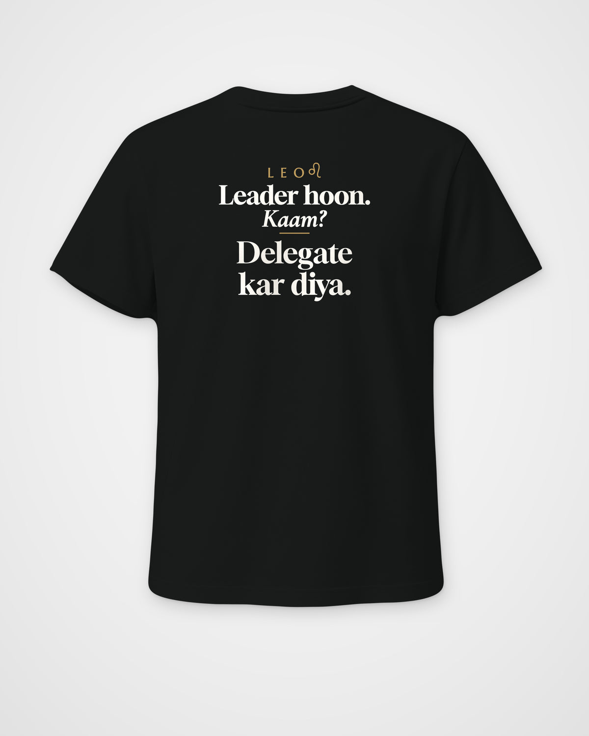 Black regular fit t-shirt, full back view with one large Leo print
