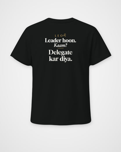 Black regular fit t-shirt, full back view with one large Leo print