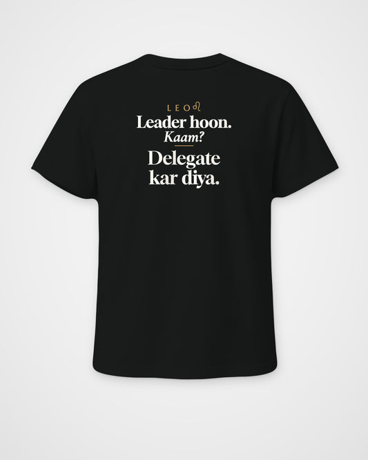 Black regular fit t-shirt, full back view with one large Leo print