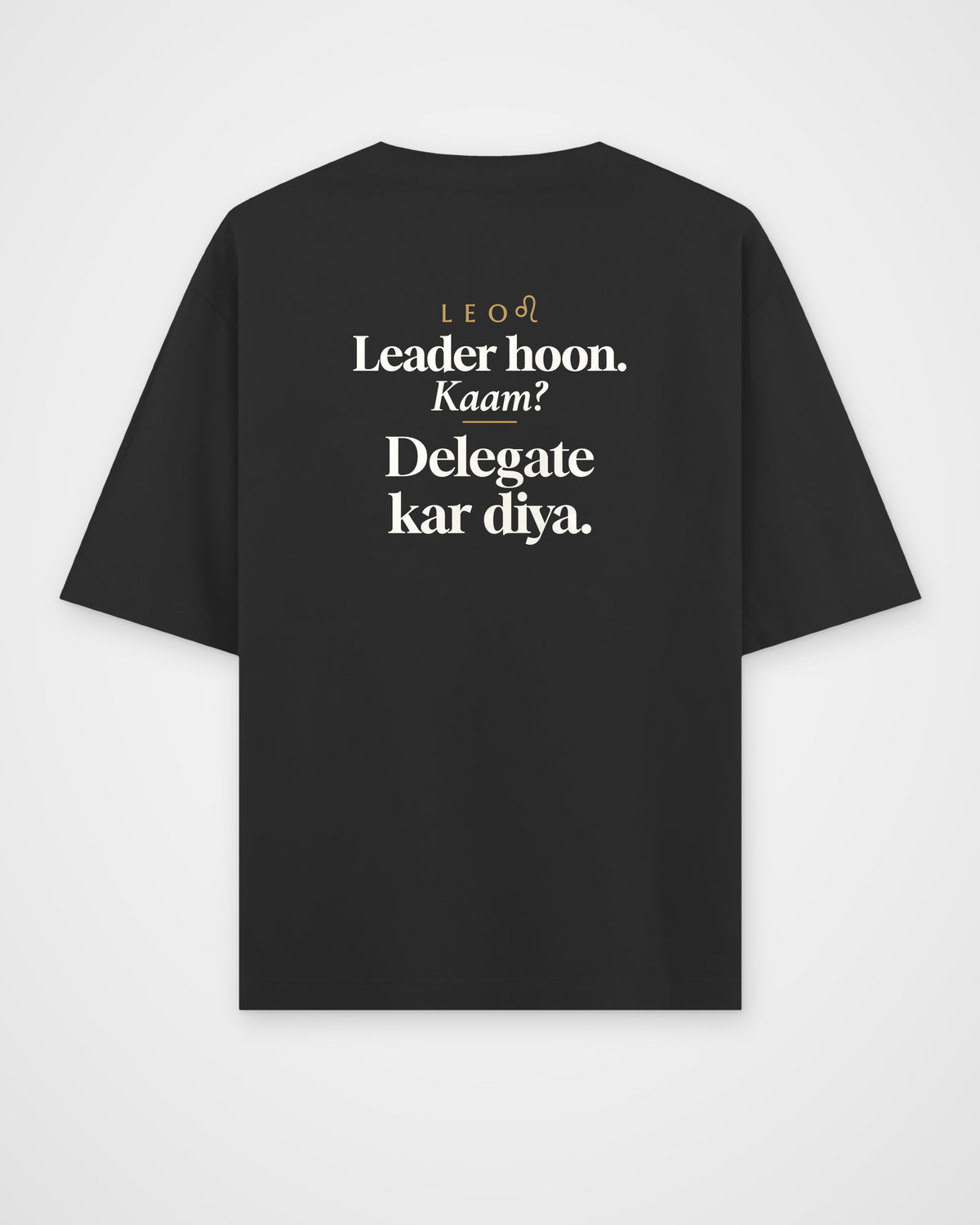 Black oversized t-shirt, full back view with one large Leo print