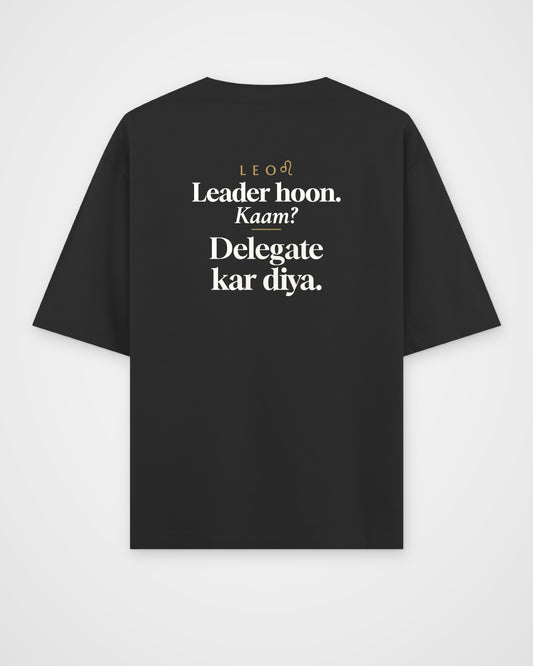 Black oversized t-shirt, full back view with one large Leo print