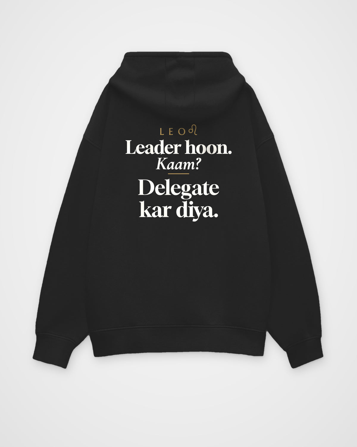 Black oversized hoodie, full back view with one large Leo print