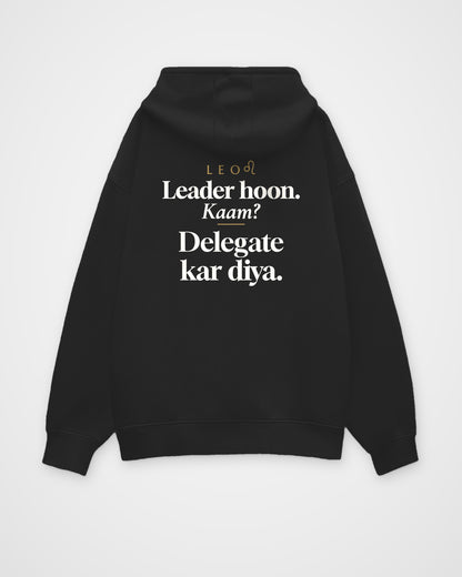 Black oversized hoodie, full back view with one large Leo print
