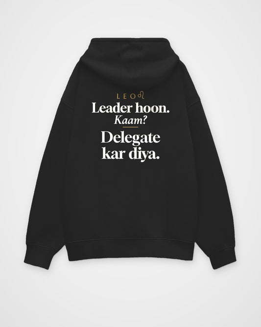 Black oversized hoodie, full back view with one large Leo print
