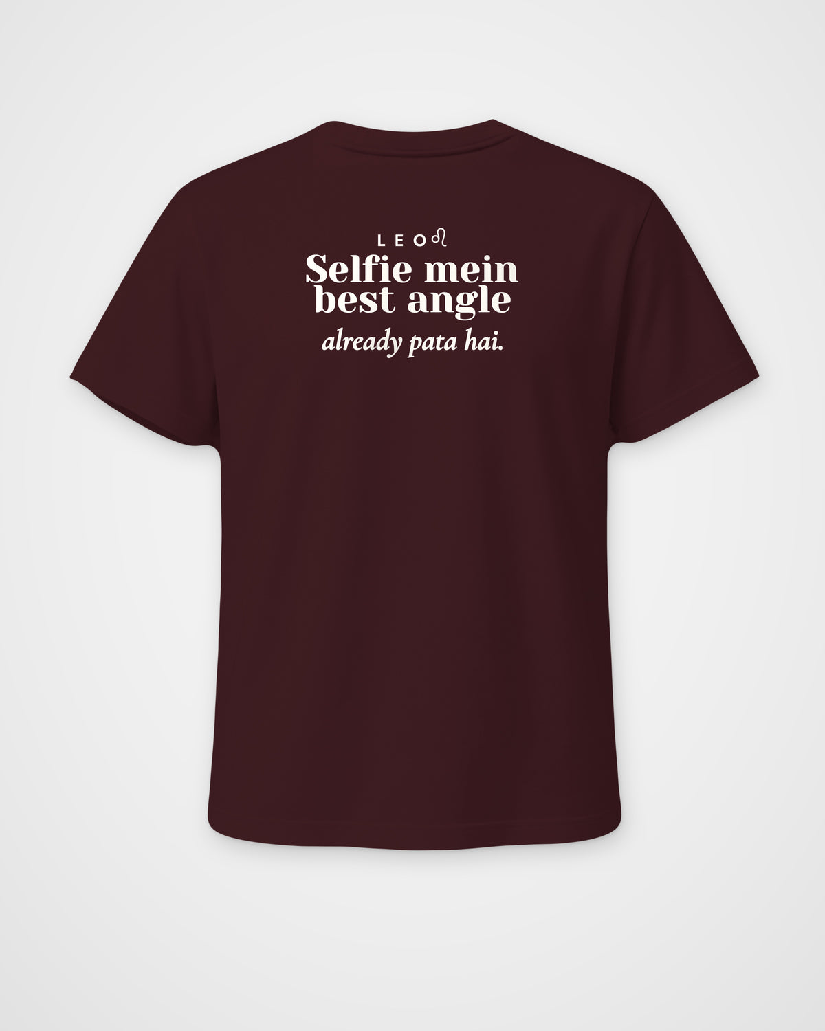 Maroon regular fit t-shirt, full back view with one large Leo print