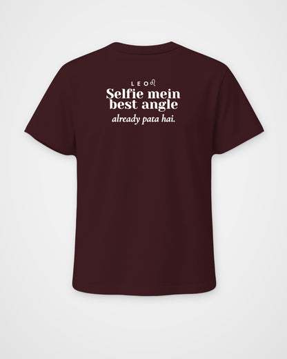 Maroon regular fit t-shirt, full back view with one large Leo print