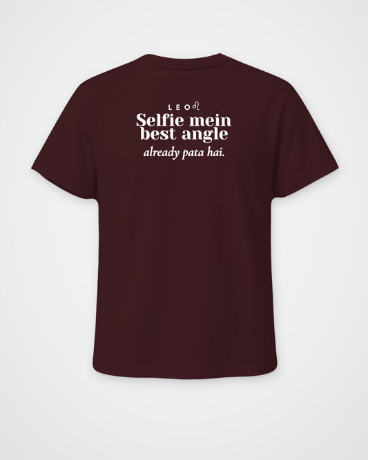 Maroon regular fit t-shirt, full back view with one large Leo print
