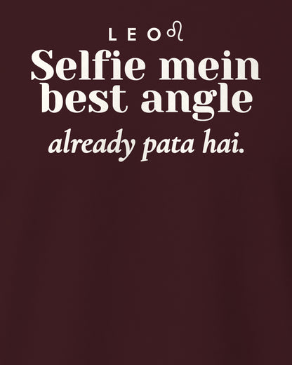Maroon regular fit t-shirt, close-up of the back print reading Selfie mein best angle already pata hai.