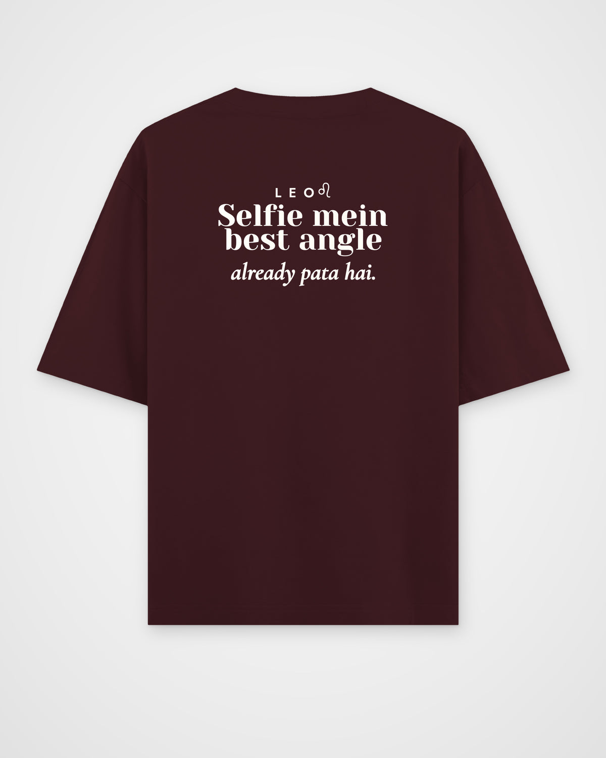 Maroon oversized t-shirt, full back view with one large Leo print
