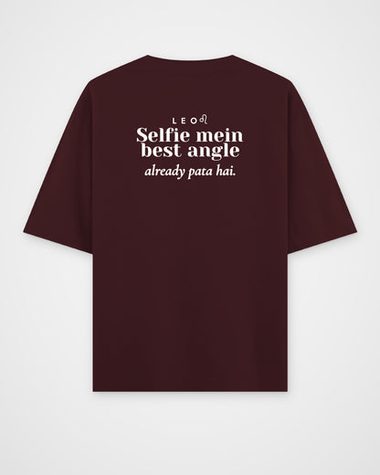 Maroon oversized t-shirt, full back view with one large Leo print