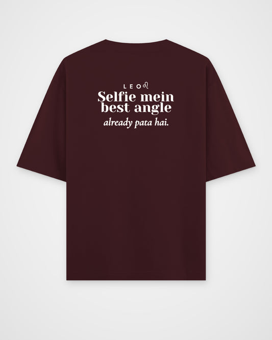 Maroon oversized t-shirt, full back view with one large Leo print