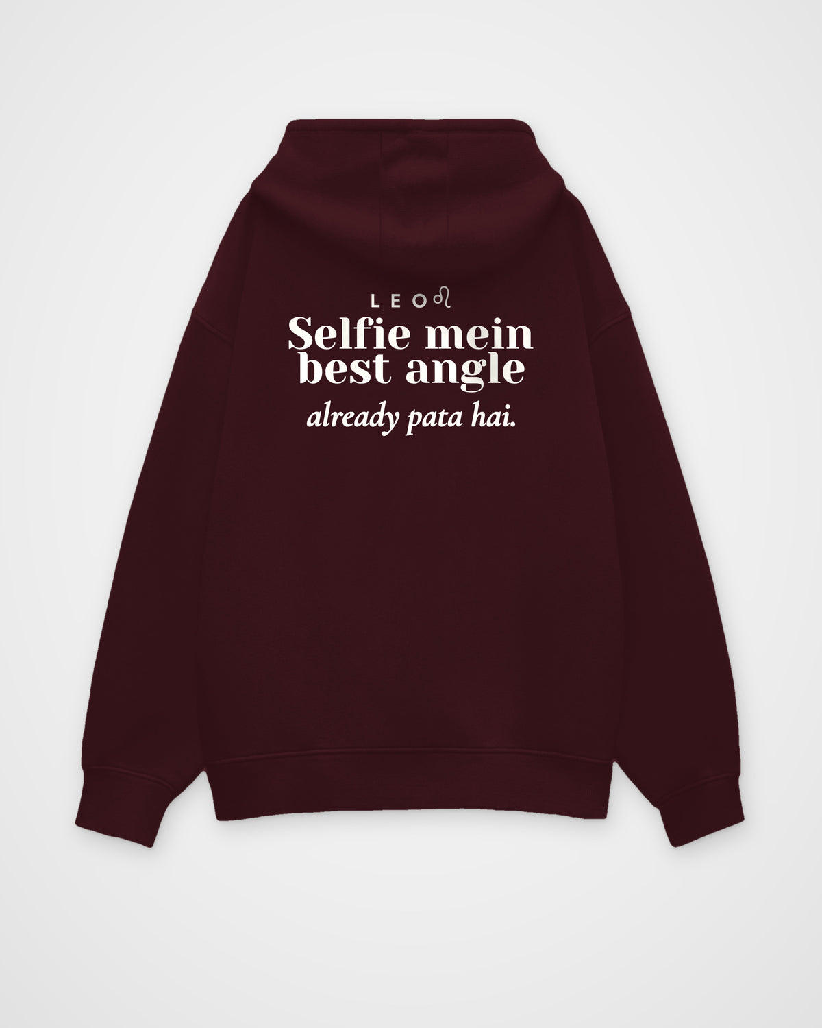 Maroon oversized hoodie, full back view with one large Leo print