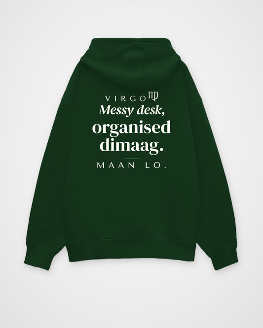 Bottle Green oversized hoodie, full back view with one large Virgo print