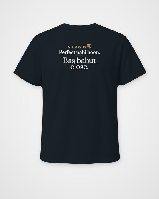 Navy Blue regular fit t-shirt, full back view with one large Virgo print