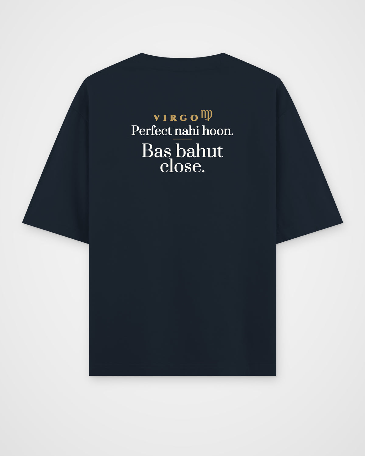 Navy Blue oversized t-shirt, full back view with one large Virgo print
