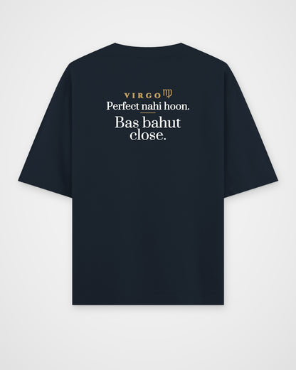 Navy Blue oversized t-shirt, full back view with one large Virgo print
