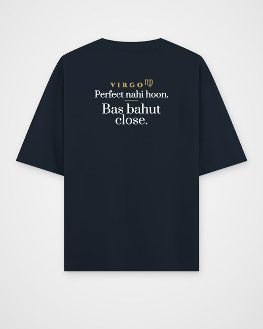 Navy Blue oversized t-shirt, full back view with one large Virgo print