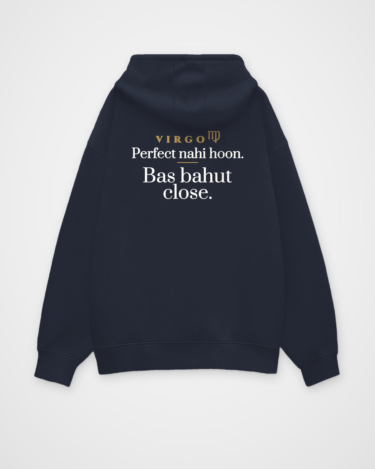 Navy Blue oversized hoodie, full back view with one large Virgo print