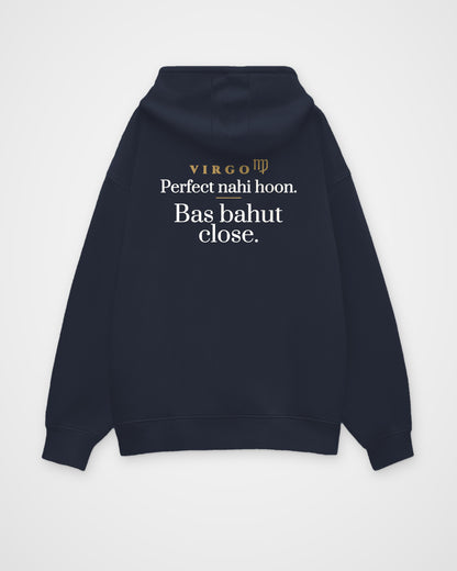 Navy Blue oversized hoodie, full back view with one large Virgo print