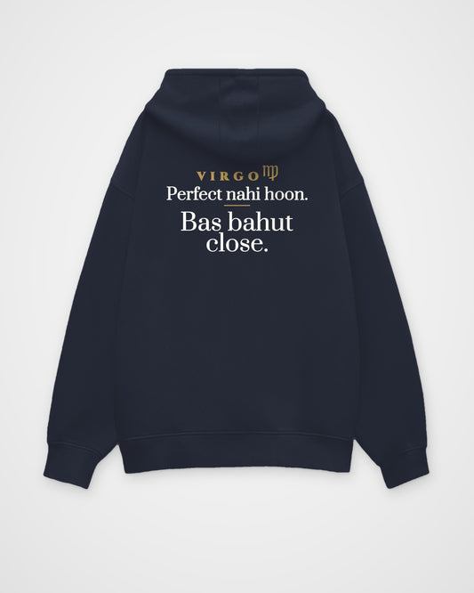 Navy Blue oversized hoodie, full back view with one large Virgo print