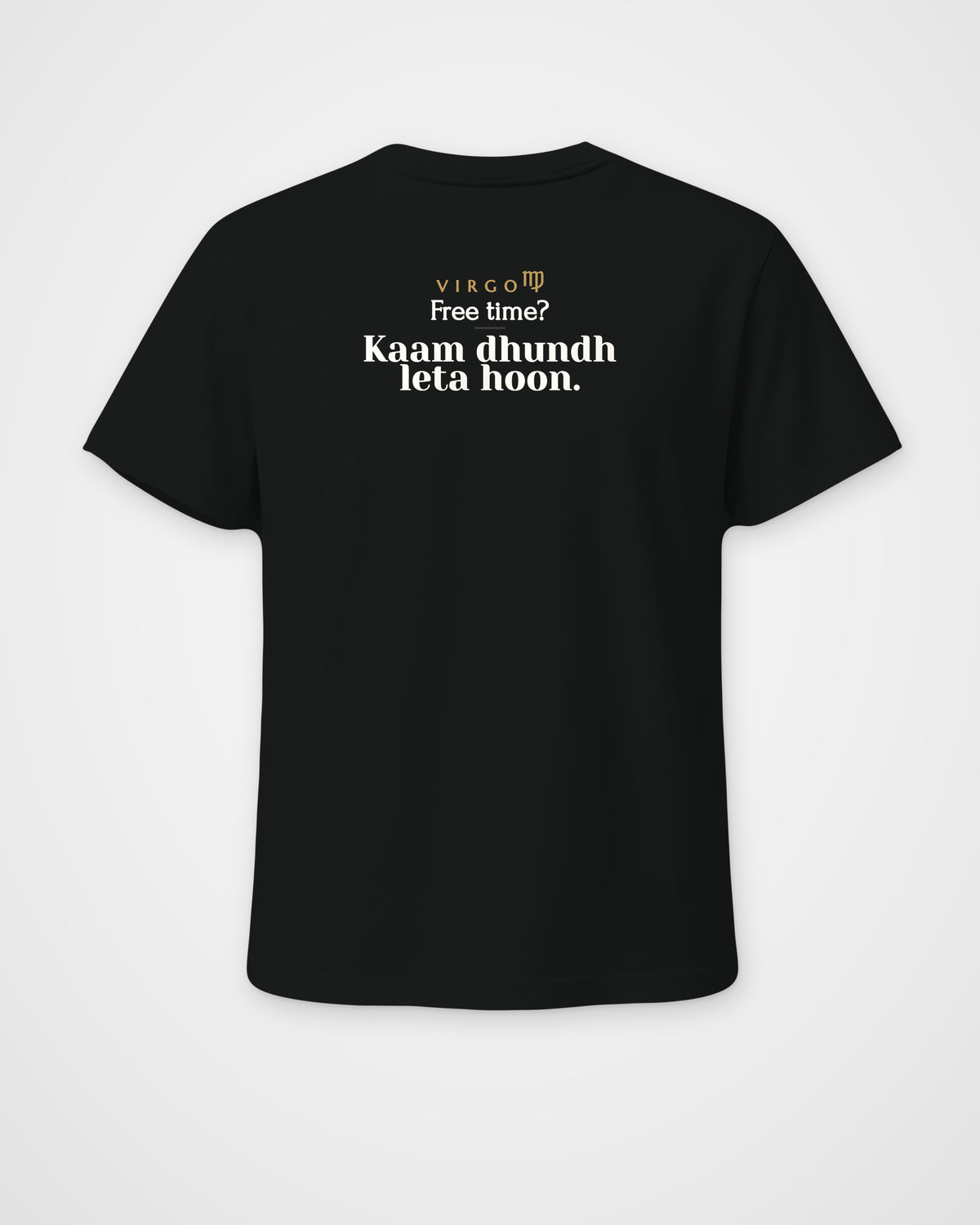 Black regular fit t-shirt, full back view with one large Virgo print